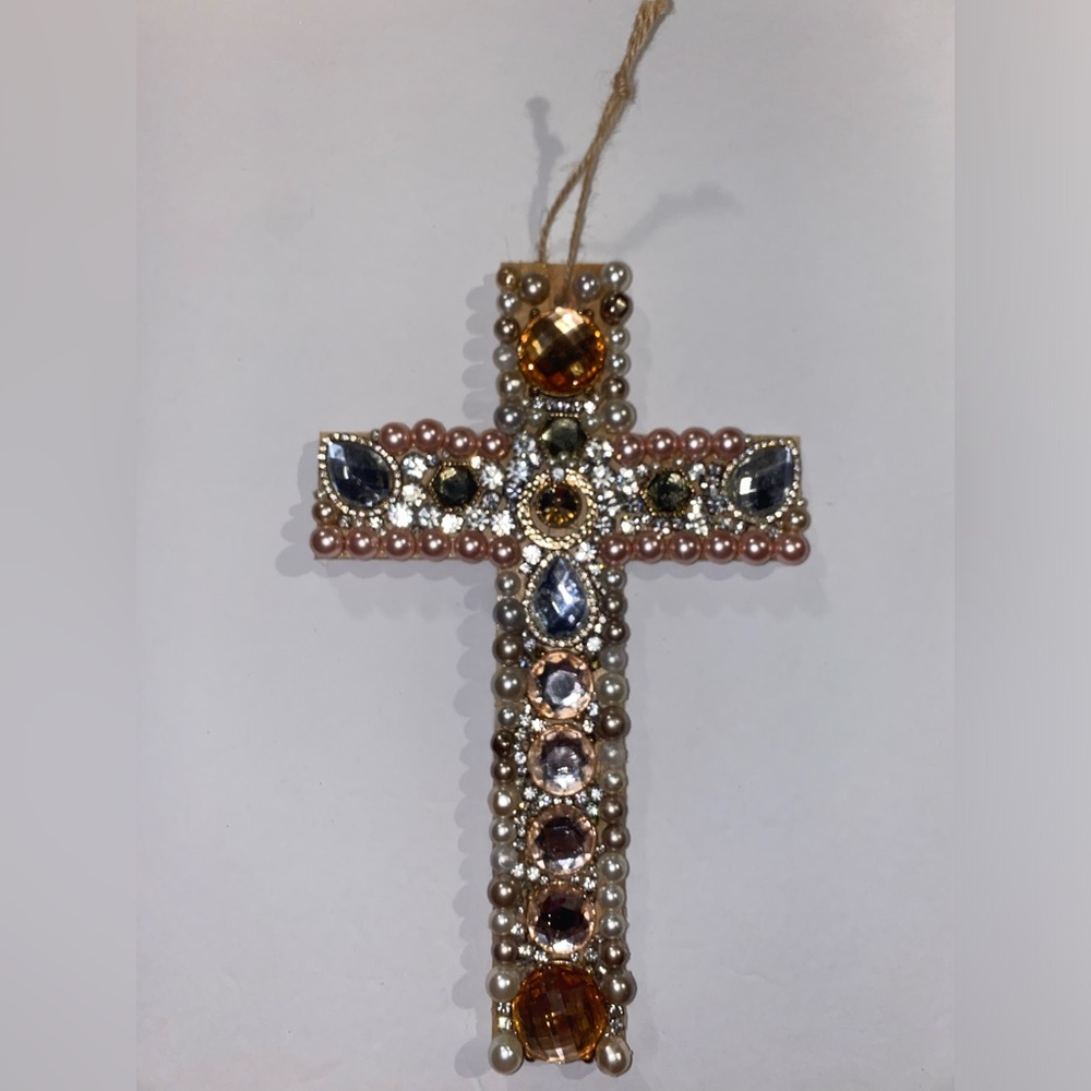 Colored Faux Pearls, stones & Rhinestones Artisanal Wood ✝️ w/Repurposed Jewelry